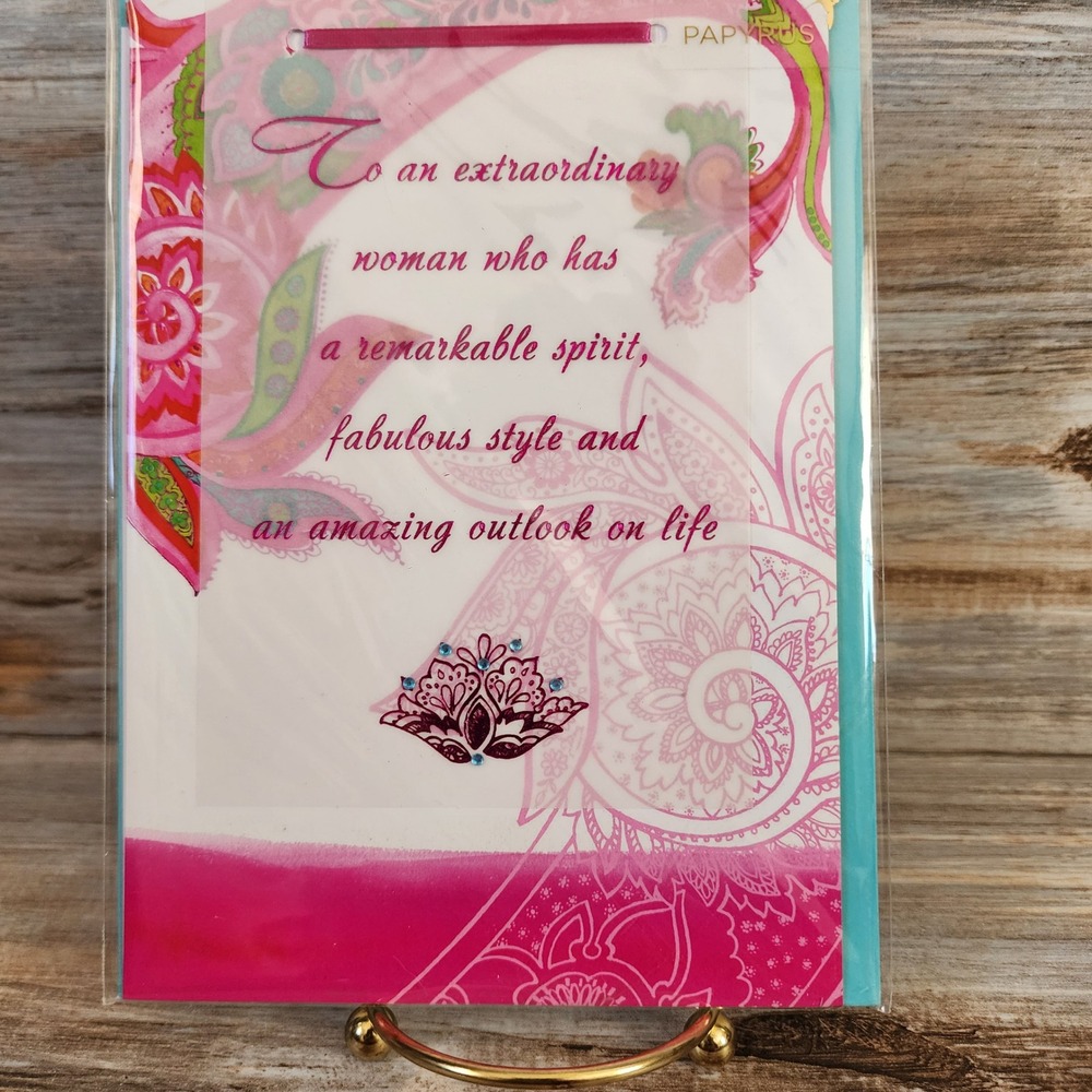 Papyrus Birthday Card Extraordinary Woman Pink Paisley Gems Ribbon Gail Flores